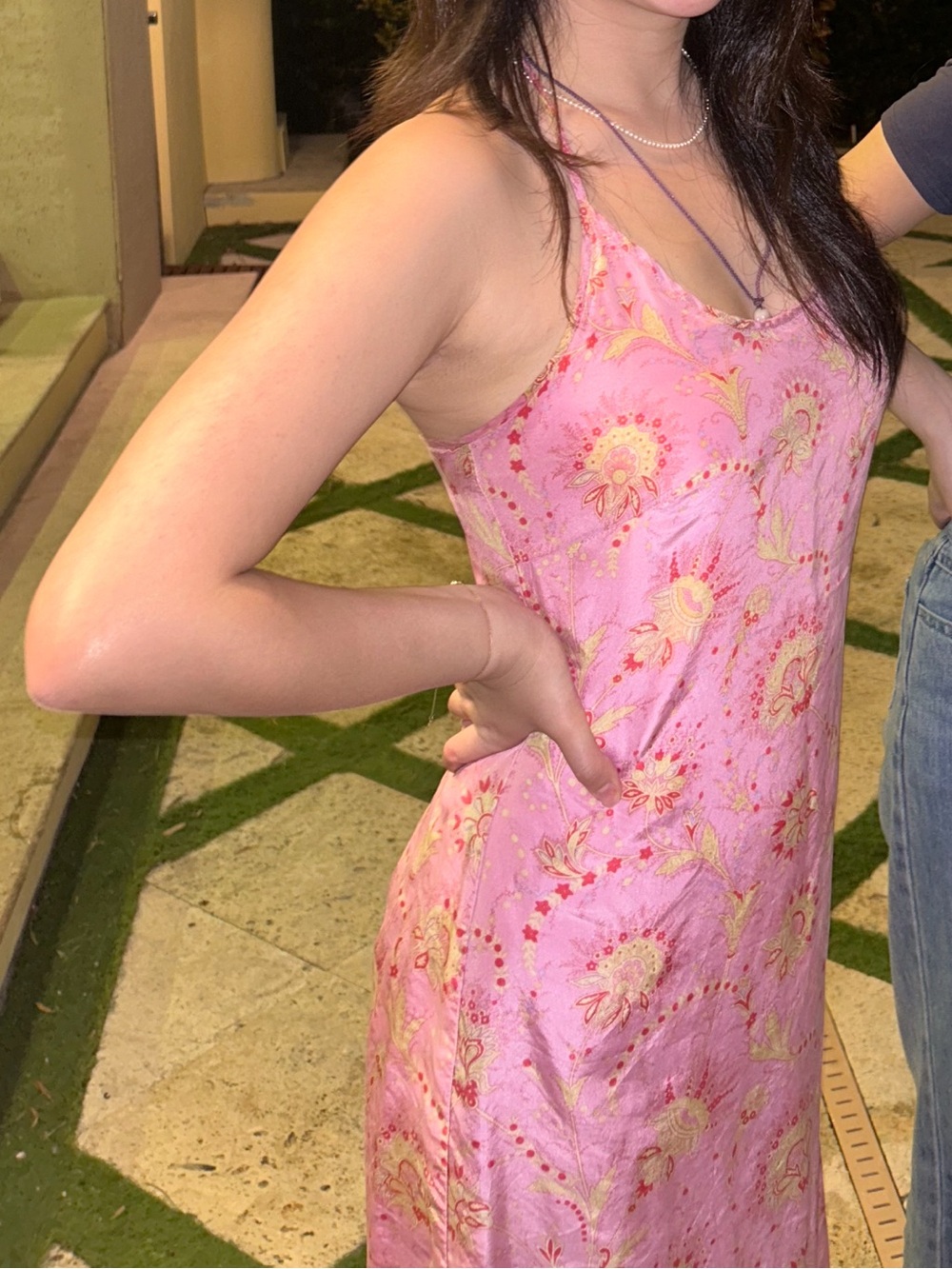 100% silk Pink Floral Slip Dress with Yellow Accents - Picture 4 of 4